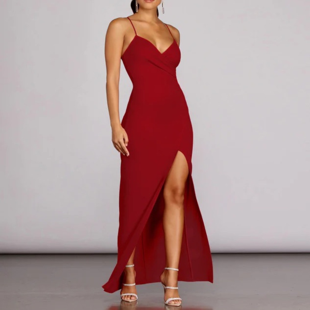 Formal High Slit Wrap Dress - Red